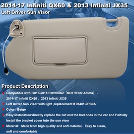 NHILES Left Driver Sun Visor with Lamp & Mirror for 2013-2020 Nissan Pathfinder 2014-2020 Infiniti QX60 and 2013 Infiniti JX35,OEM: 96401-9PB0A 964009PB0A Beige