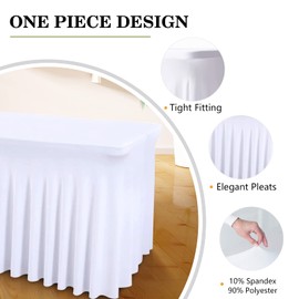 Jieqier One-Piece Table Cover and Table Skirt for Rectangle Tables, 6FT Spandex Fitted Tablecloth with Ruffles Skirt for Weddings, Banquets, Parties, Vendors (White 2Pack)