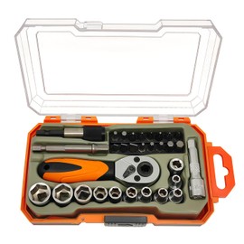 JEUCLEL 31PCS 1/4" Drive Mini Ratchet Set with 6 point sockets, Torx, Phillips, Hex, Flat Heads and extension, 72 Tooth Quick Release Head Mini Ratchet Wrench Screwdriver Bits Kit for Tight Spaces