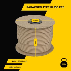 EdcX 4 mm Polyester Paracord 550, 25+ Colours (15, 30 and 50 m) - Type III, 100% Nylon Rope, 7 Stranded Rope, 4 mm Nylon Rope in Many Colours, Solid Colours (Beige, 50 m)
