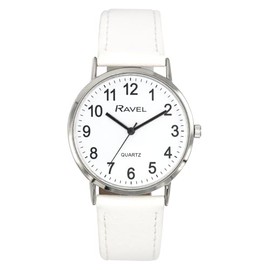 Ravel - Unisex Classic Everyday Watch - Analogue Quartz Movement - R0129, White / Silver Tone / White Dial with Numbers, Strap.