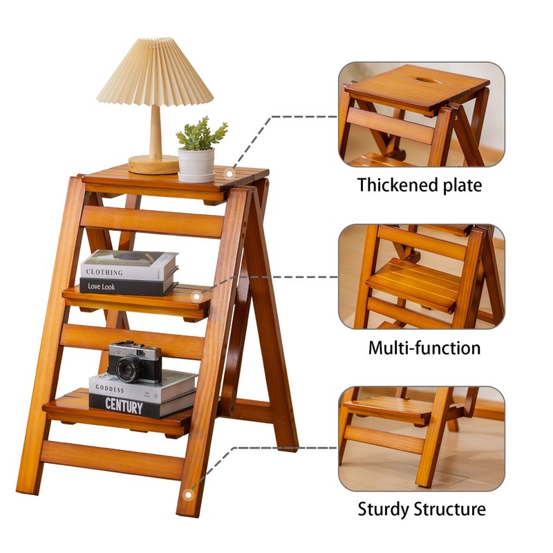 Latifolia Foldable 3 Step Ladder, Wooden Step Stool with Floor