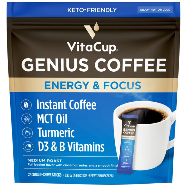 VitaCup Genius Paquetes de Café Soluble, aumenta la energía y el enfoque, café Keto, sirve café caliente o frío, aceite MCT, cúrcuma, vitaminas B, D3, audaz y suave, café 100% arábica en palitos de una sola porción, 24 unidades