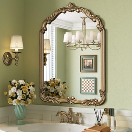 Wiserset Arched Ornate Gold Mirror, 22” x 30” Antique Gold Bathroom Mirror, Scroll Carved Wooden Vintage Wall Mirrors for Entryway, Living Room, Vanity, Mantel