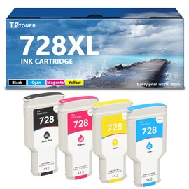T2TONER 728 728XL Ink Cartridges High Yield 4 Pack Black Cyan Magenta Yellow（F9J68A F9K17A F9K16A F9K15A） Replacement for DesignJet T730 & T830 MFP Large Format Plotter Printers