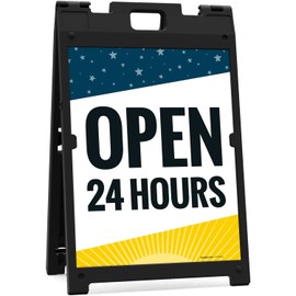 Open 24 Hours Sidewalk Sign Kit, 18x24 Inches, with A Frame Stand, Made in USA