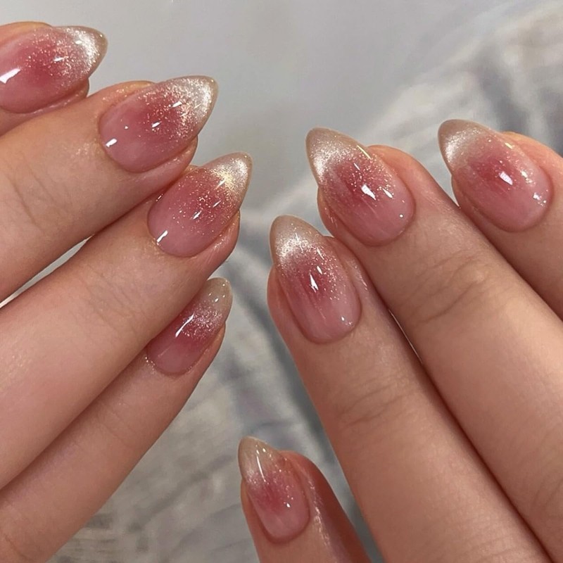 SXVME Uñas postizas Cat Eye en almendra, uñas cortas de