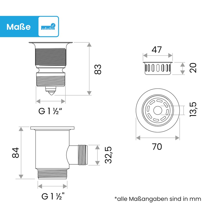 Bächlein Pop-Up Drain Fitting for the Sink, Diameter 70 mm