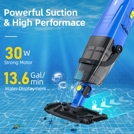 Handheld Pool Vacuum with 98" Telescopic Pole, Cordless Rechargeable Pool Vacuums Cleaner for Hot Tubs, Spas, Fast Deep Cleaning, Last Up to 60 + Mins, Ideal for Above Ground Pool/In-ground Pool