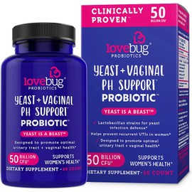 Lovebug Yeast + Vaginal pH Support | Clinically Studied Ingredients for Yeast & UTIs | Multi Strain 50 Billion CFU | 60 Capsules