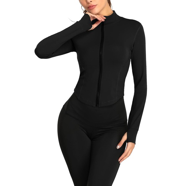Veste de Sport Courte Veste de Yoga Femme Élégante avec Fermeture Éclair Veste de Yoga avec Doigtiers Grande Taille Noir - XL