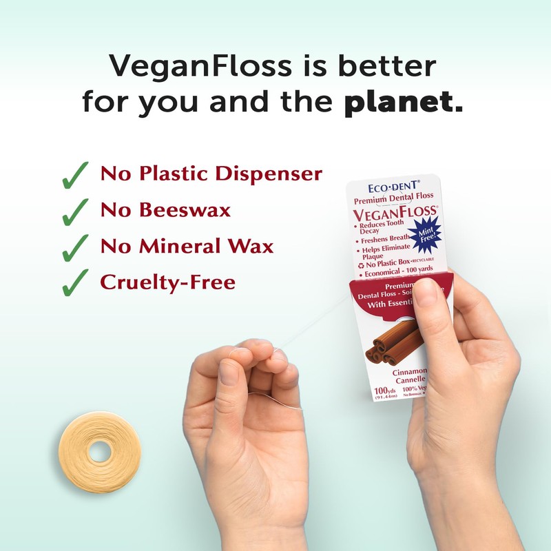 Eco-Dent VeganFloss Dental Floss, Waxed, Cinnamon - Floss with Vegan
