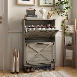 Vabches 24" W Farmhouse Shoe Cabinet Storage for Entryway, Freestanding Organizer with 2 Flip Drawers - Color: Washed Gray