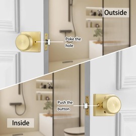 STARPY Satin Brass Door Knobs with Square Rosette, Interior Door Handles for Bath & Bed, Heavy Duty Door Knob with Lock