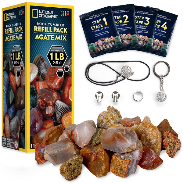 NATIONAL GEOGRAPHIC Rock Tumbler Refill Kit - 1 Lb. Mix of Genuine Rough Agate Rocks for Tumbling - Rock Tumbler Supplies Include Rock Tumbler Grit and Jewelry Accessories, Raw Agate