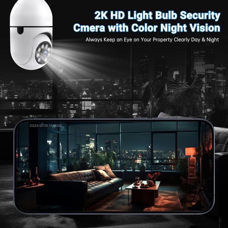 3MP Light Bulb security camera, 360° Auto Tracking, Human Motion