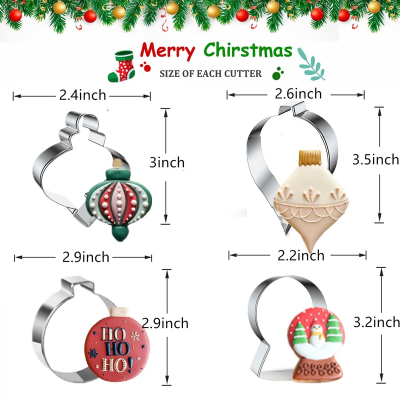 Christmas Ornaments Cookie Cutters, 4PCS Stainless Steel Snow Globe,Round Ornament,Teardrop