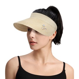 Peicees Wide Brim Straw Visors for Women Sun Protection Hats Summer Sunshade Ponytail Hat for Beach Travel Packable Roll Up Beige