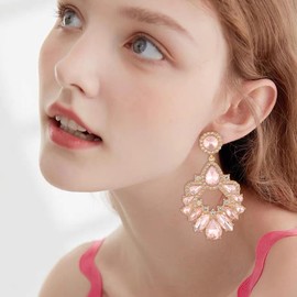 VANGETIMI Pink Fashion Rhinestone Statement Drop Dangle Earrings Large Colorful Crystal Chandelier Earrings for Women Bridal Wedding Party Prom