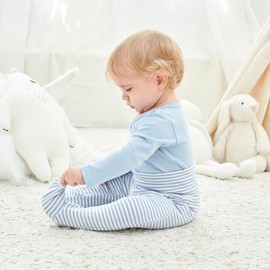 ACESTAR Newborn Baby Boys Girls 3-Pack Cotton High Waist Footed Pants 0-3 Months, Blue & Khaki Stripe & Green