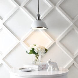 JONATHAN Y JYL9536C Homer 13" 1-Light Modern Industrial Iron LED Dome Pendant Classic, Cottage, Farmhouse Rattan 180" Cord Plug-in or Hardwired Bedroom Living Room, Chrome/White