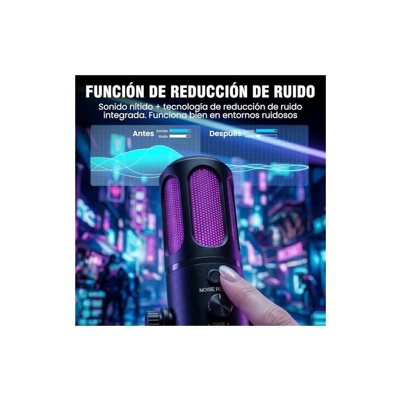 Micrófono PC Condensador USB, Microfono para Gamer, RGB, Reducción ENC