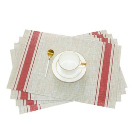 GIVERARE Juego de 4 manteles individuales de vinilo tela resistente al calor, manteles individuales de PVC antideslizantes y lavables, fáciles de limpiar, manteles de plástico de alta calidad para mesa de comedor, mesa de cocina (rayas rojas)