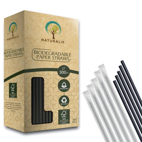 Naturalik 300-Pack Black Individually Wrapped Paper Straws - 100% Biodegradable Premium Paper Straws Bulk - Drinking Straws for Juices, Smoothies, Restaurants (Regular 7.7", Black)