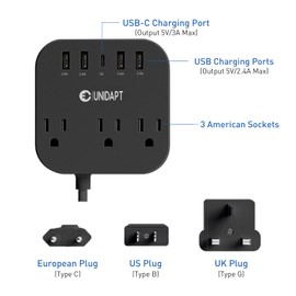 European Plug Adapter, Unidapt US to UK Europe Power Strip for EU/UK/US with USB C and 4 USB Ports, 3 AC Outlets, Wall Mountable, 5ft Extension Cord, for Travel Cruise Ship Home (Black)