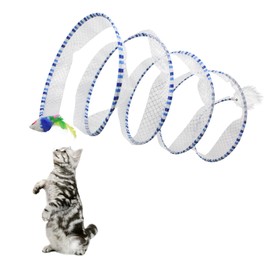 Andiker Cat Tunnel Toy, 10 Inch Foldable Metal Cat Feather Toy with Nylon Net, Feather, Mouse and Bell, Interactive Cat Toy for Indoor Cats (Blue)