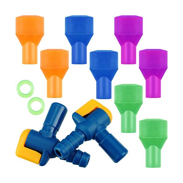 Skylety 8 Pieces Bite Valve Replacement Silicone Mouthpieces for Most Brands with 2 Pieces Shut-Off Valve and Tube O-Ring for Hydration Pack Bladder (Green, Orange, Blue, Purple)