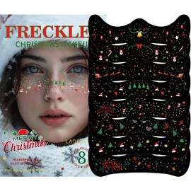 8 Pcs Christmas Face Temporary Tattoos, Ren Green and White Glitter Freckles Face Tattoo for Kids and Women, Waterproof Christmas Accessories Face Makeup for Party Supplies