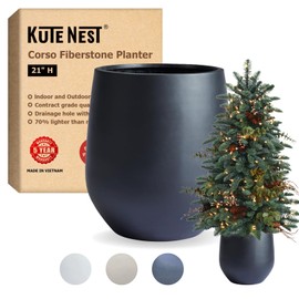 KUTE NEST 12.5" H Fiberstone Corso Planter, Black, 9" Pot Opening, Round Tapered Planter Drainage Pots, Plant Pots Outdoor for Plants, Modern Porch Planters, Indoor Tree Pots, Black Planter