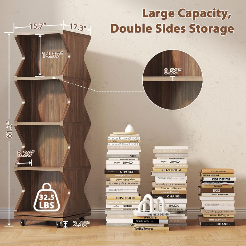 HSH Rotating Bookshelf Tower, 360°Revolving Bookcase with Wheels, Walnut
