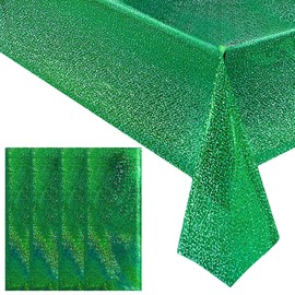 4 pcs Green Holographic Laser Tablecloth 40" x 108" Christmas Table Cloth Shimmer Shining Plastic Metallic Table Cover for Jungle Safari Wild One Baby Shower Birthday Party Decoration Supplies