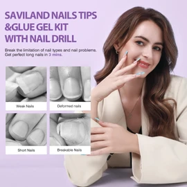 SAVILAND Gel X Nail Kit – Nails Tips and Glue Gel Kit with Nail Drill 4-in-1 Nail Glue Gel 500PCS Full Cover Long Coffin Nails Tips U V Light Nail Design Kit for Nail Extension Home DIY Nail Art