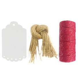 Wrapables 50 Gift Tags/Kraft Scalloped Edge Hang Tags with Free Cut Strings for Gifts, Crafts and Price Tags + Red/Metalic Silver Cotton Baker's Twine 12ply 110 Yard