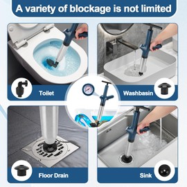 MEKOTRIN Toilet Plunger, High Pressure Drain Clog Remover, Sink Plunger Blaster Plumbing Tools with Real-Time Barometer for Bathroom Sink Floor Kitchen Clogged, Stainless Steel(Blue)