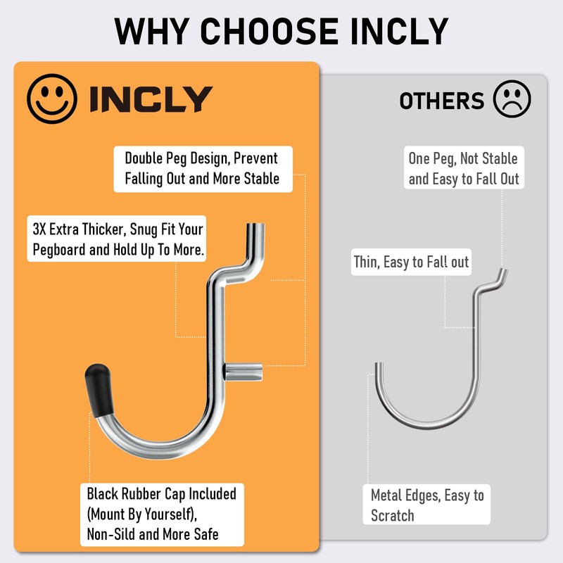 INCLY 176PCS Extra Thick Pegboard Hooks, 1/4" Heavy Duty Metal