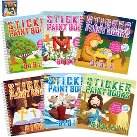 6PCS Bible Paint by Stickers for Kids Ages 4-8 Christian Easter Gifts Sticker by Number Puzzle Activity Books Bible Crafts Creative Art with Religious Jesus Nativity Apple Tree Noah’s Ark 48 Pictures