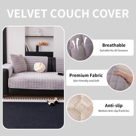 MDSASFD Velvet Couch Cover, Washable Sectional Sofa Cover, Anti Slip Sofa Slipcovers for 3 Cushion Couch Sofa L Shaped Recliner, Furniture Protector Covers for Pets Kids(Light Grey, Only 1 PCS)