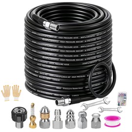 Laopypor Sewer Jetter Kit for Pressure Washer 100FT, 5800PSI Drain Cleaner Hose 1/4 Inch NPT Corner Rotating and Button Nose Sewer Jetting Nozzle Pearl Corsage Pin Waterproof Tape with Spanner (100FT)