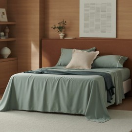 Double Stitch Cotton Tencel Sheet - Bed Sheets Set Queen Size, 4Pc Luxury Hotel Bedding Set, Soft, Cooling & Breathable for Hot Sleepers, Deep Pocket Up to 16 Inches, Sage Green Contrast