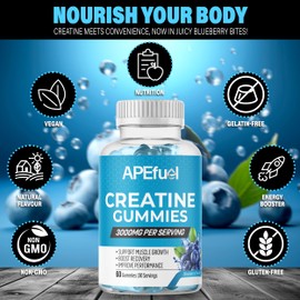 APEfuel Creatine Gummies for Men & Women - Sugar-Free Blueberry Flavored Pre-Workout Gummies for Muscle Growth, Strength & Cognitive Support - 3000mg Creatine Dietary Supplement (30-Days Supply)