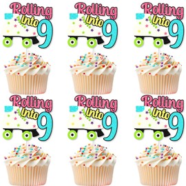 Roller Skating Cupcake Toppers Retro Theme 9th Happy Birthday 18-piece set Decorations, Roller Skating Theme Party, Birthday Party Decorations. Gifts for Kids. (9th)