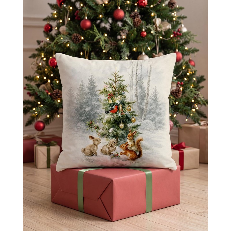Woodland Animals Christmas Pillow Cover 18x18, Snowy Tree Decor
