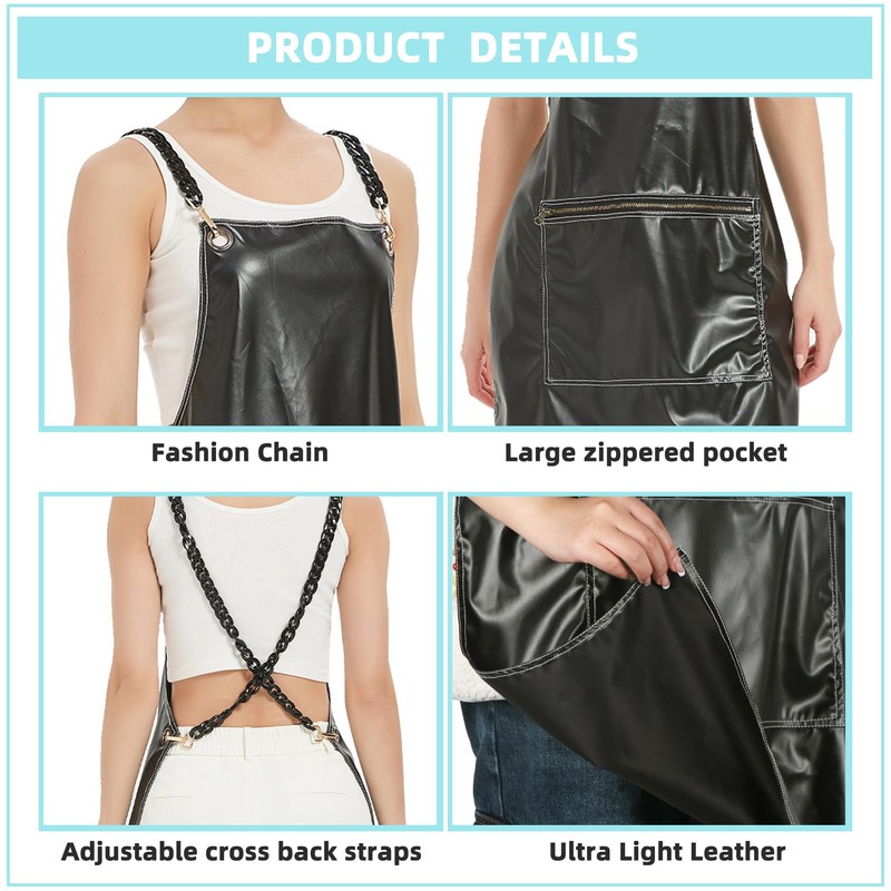 MIKI WELL PU Leather Waterproof Aprons Cross-Back Adjustable With Pockets