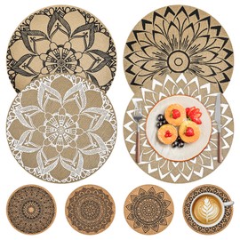 Set of 8 Round Placemats and Coasters Plates, Place Mats for Dining Table, Placemat Heat Resistant and Washable PVC Placemats, Non-Slip Place Mats for Dining Tables, Restaurants, Weddings
