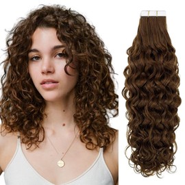 RUNATURE Curly Tape Extensions Real Hair Brown Real Hair 20 Pieces Extensions Curls Real Hair Tape 55 cm Brown Extensions Real Hair Tape Curls Invisible Hair Extensions 50 g #4NW