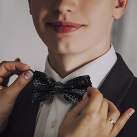 Mantieqingway Sequin Bow Ties for Men/Big Boys Pre-tied Adjustable Shiny Bow Tie Tuxedo Bowties for Banquet Party Wedding (Black)